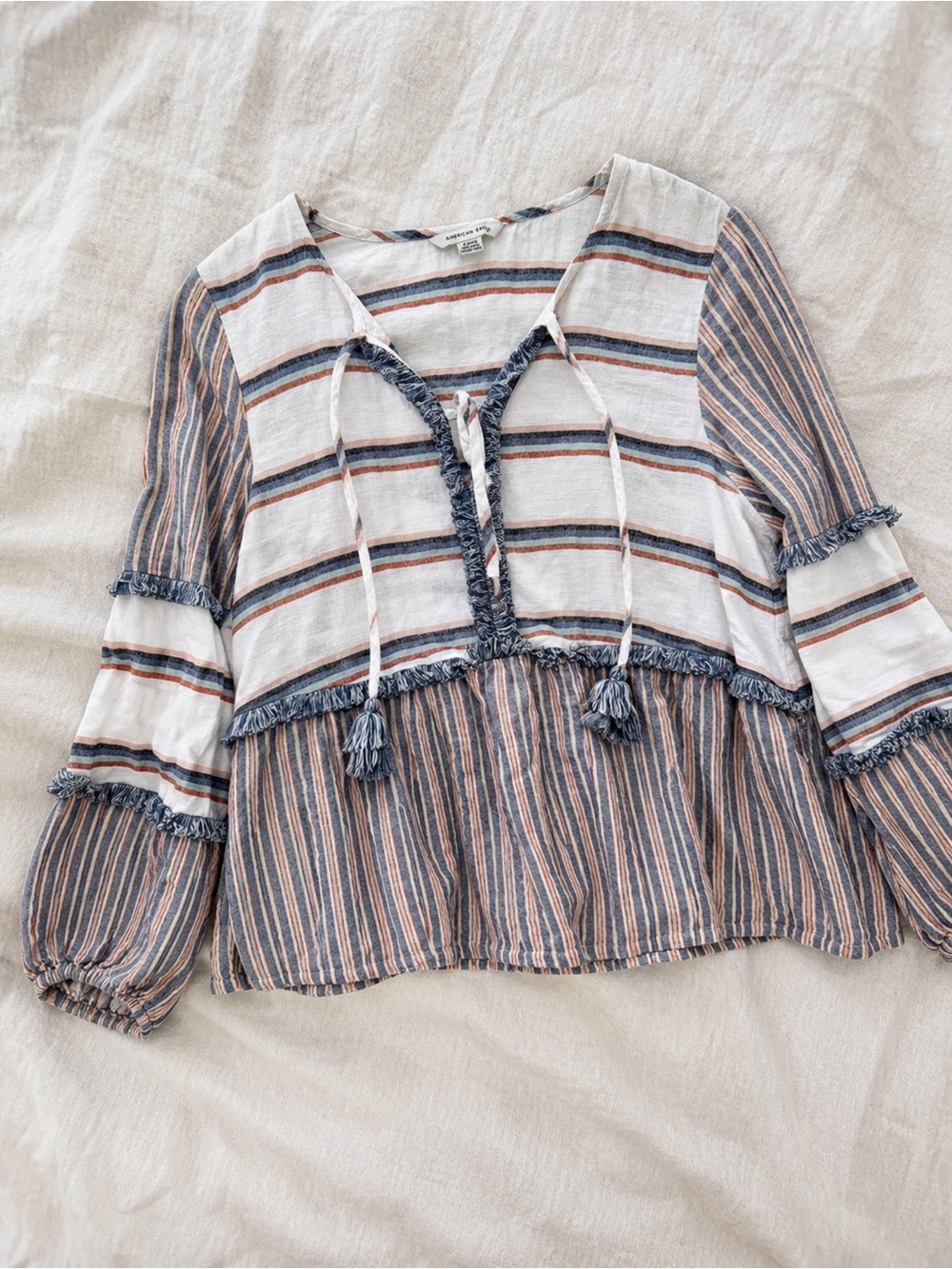 American Eagle Striped Boho Peasant Blouse Tassel Tie S